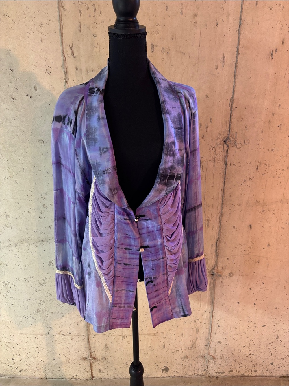 Purple Tie-Dye Ruched Open-Front Blouse